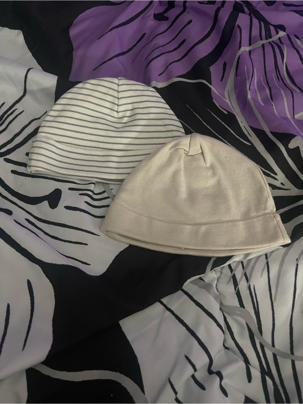 Neutral Cream Solid and White Gray Stripe Baby Newborn Beanies
